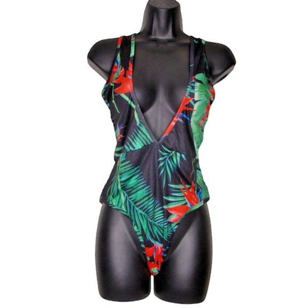 String One Piece Black Swimsuit Size L Jungle Palm Leaves Red Flowers Tropical
